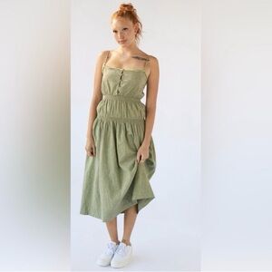 Urban Outfitters Ella Linen Dropped-Waist Midi Dress in Green